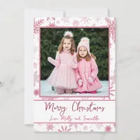 Custom Photo Pink Snowflakes Christmas Greeting  Holiday Card