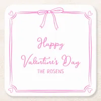 Custom Valentine's Day Party Cute Pink Bow Hearts Square Paper Coaster