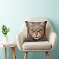 Mystic Boho Feline Mandala Throw Pillow