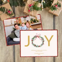 JOY Wreath Photo Christmas Card with Plaid Trim 