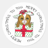 Sweet Puppy Dog in Christmas Gift Box with Bow Classic Round Sticker