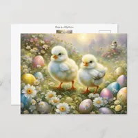 Cute chicks in a meadow with Easter eggs, vintage  Postcard