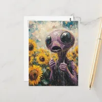 Purple Alien in a Sunflower Field Postcard