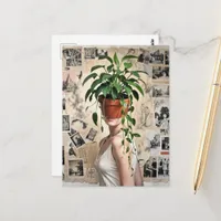 Surreal Flower Pot Green Plants Woman Postcard