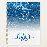 Stylish girly blue glitter monogram name planner