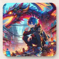 Anime Boy and Dragon in a Dystopian World Beverage Coaster