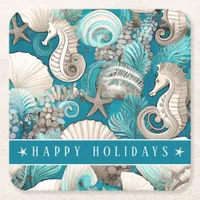 Coastal Christmas Bold Seahorse Pattern#4 ID1009 Square Paper Coaster