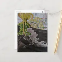 Leafy UFO Comes For Her Mixed Media Collage Postcard