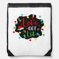 Let's Get Lit Funny Christmas Drinking Lights Sant Drawstring Bag