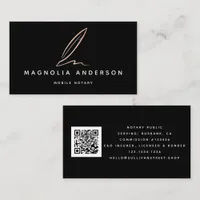 Mobile Notary Black Rose Gold Foil Quill QR Code Business Card