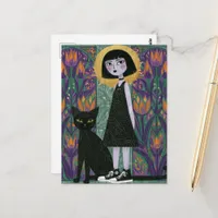 Cute woman with her black cat  postcard
