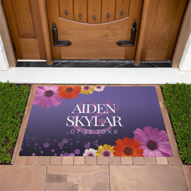 Elegant Daisies with Purple Glitter Newlyweds Doormat