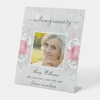 Silver pink floral photo memorial pedestal sign