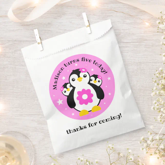 Cute Happy Birthday Girl Penguins Pink Flowers Favor Bag