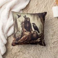 Native American Woman Sitting by River With Raven Throw Pillow