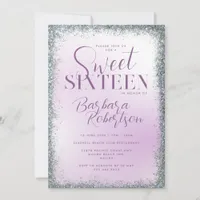 Elegant Purple Silver Glitter Script Sweet Sixteen Invitation