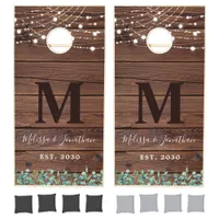 Rustic Wood Greenery String Lights Barn Wedding Cornhole Set