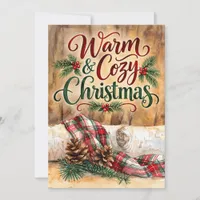 Warm and Cozy Christmas Rustic Pine Cones Plaid Holiday Card