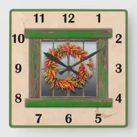 Southwest Chile Wreath Green Window Basic Numbers Square Wall Clock