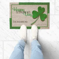 Green Glitter Shamrock Happy St Patrick’s Day  Fiber Doormat