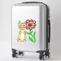 Whimsical Folk Art Cat and Colorful Flower Sticker