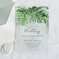 Tropical Greenery Leaves Watercolor Beach Wedding Acrylic Invitations