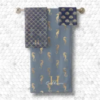 Boys Metallic Gold Monogrammed Dusty Blue Merman Bath Towel Set