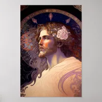 Jesus with Flowers in hair by Mucha AI Generated Poster
