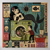 Fun Surreal Mid Century Sea Siren Laundry Day Poster