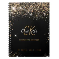 Black gold glitter dust monogram name glam notebook