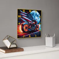 Motorcycle under full moon, American flag Square Wall Clock