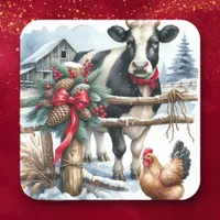 Beautiful Holiday Cow with Rooster Christmas Square Sticker