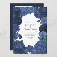 Navy Blue Floral Photo and QR Code Wedding Invitation