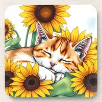 Cute Napping Kitten and Sunflowers Beverage Coaster