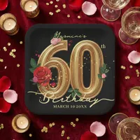 Thumbnail for Elegant 60th Birthday Party Black Gold Red Rose Paper Plates
