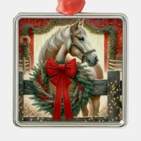 Watercolor Horse and Festive Farm Christmas Metal Ornament