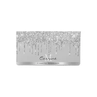 Monogram Name Platinum Silver Dripping Glitter Checkbook Cover