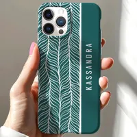 Green And White Herringbone Personalized Name iPhone 15 Case
