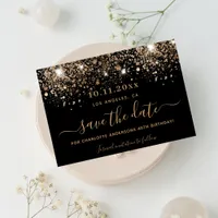 Birthday black gold glitter sparkles save the date announcement postcard