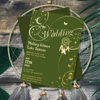 Rustic Hunter Green Boho Wedding Calligraphy Gold Foil Invitation