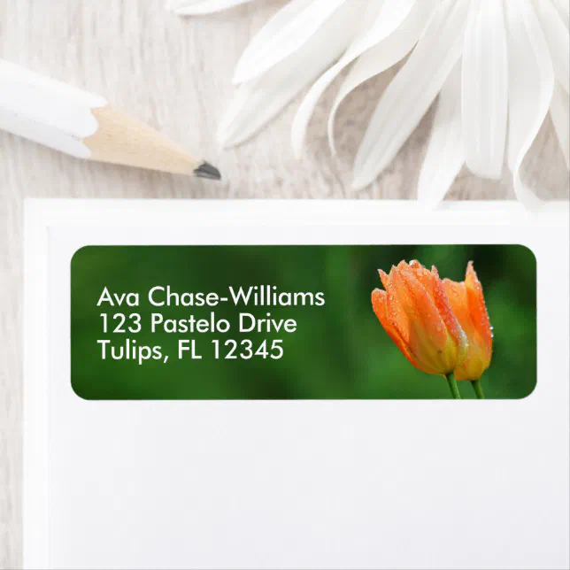 Beautiful Dew-Kissed Floral Pastel Orange Tulips Label