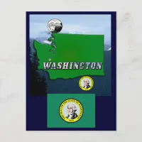 Washington State Map Faux Quarter, Seal, Mountains Postcard