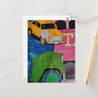 Cars and Trucks bright colors mixed media collage Postcard
