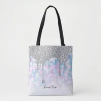 *~* Silver Drip Glitter Pastel Blue Pink Stars Tote Bag