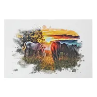 *~* Horses Grazing Sunset Watercolor Equine AR22 Faux Canvas Print