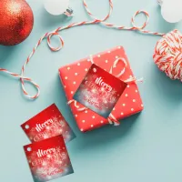 White Snowflakes Sparkles and Bokeh on Red  Favor Tags