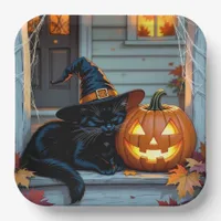 Black Cat Napping on Pumpkin Halloween  Paper Plates