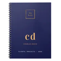 Navy blue gold monogram initials business logo notebook