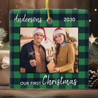 Married First Christmas Green Plaid Couple Photo Ceramic Ornament