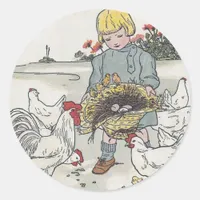 Vintage Girl With Chickens, E is an Egg Classic Round Sticker